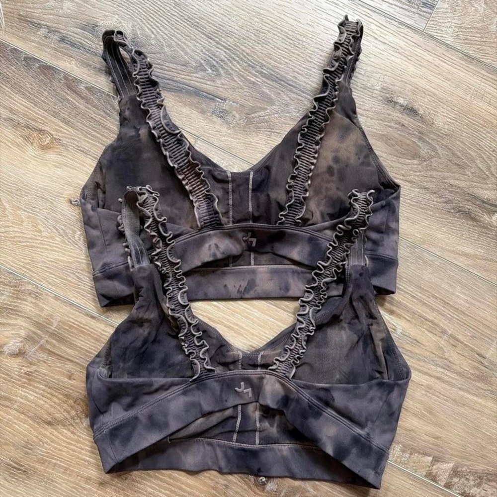Joy Lab Spray Dye Sports Bra Size M Brown Black Ruffle Trim Straps Fairy Grunge - Picture 6 of 8